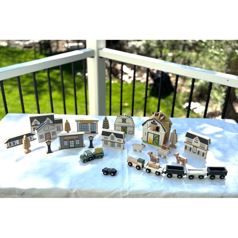 Hearth & Hand Wooden Toy Barn & Block Town w/ Train Truck 36 Pc Set Incomplete‎